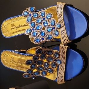 Blue and gold gem heels